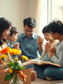 Cerimònia de benedicció i protecció entre pares i fills per crear una família feliç i harmoniosa.